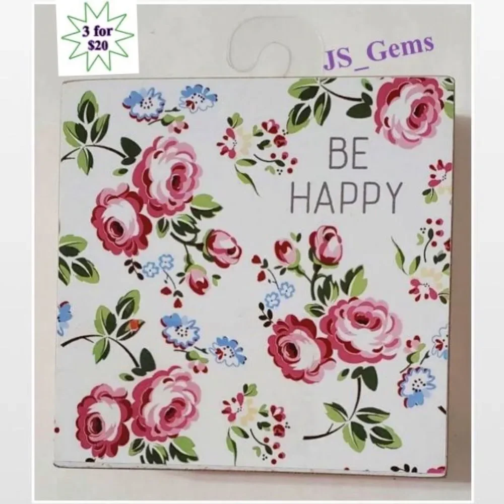 New White Floral Motivational BE HAPPY Wood Box Sign Décor